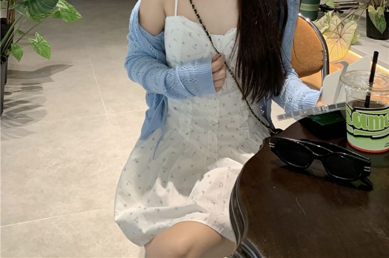 Pointelle Dress Spaghetti Ruffle A-Line Cardigan Plain Print Strap / Mini Floral