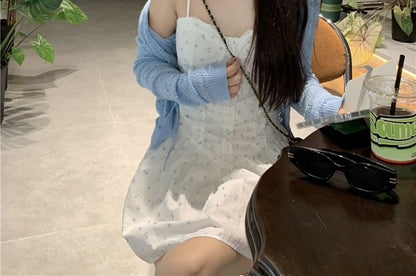 Pointelle Dress Spaghetti Ruffle A-Line Cardigan Plain Print Strap / Mini Floral