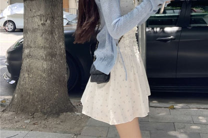 Pointelle Dress Spaghetti Ruffle A-Line Cardigan Plain Print Strap / Mini Floral