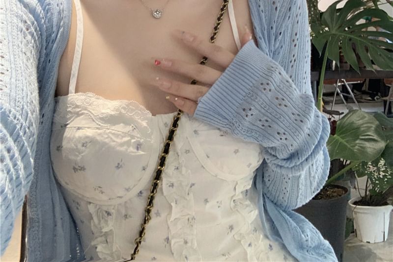 Pointelle Dress Spaghetti Ruffle A-Line Cardigan Plain Print Strap / Mini Floral