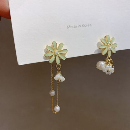 Floral Faux Pearl Asymmetrical Alloy Dangle Earring