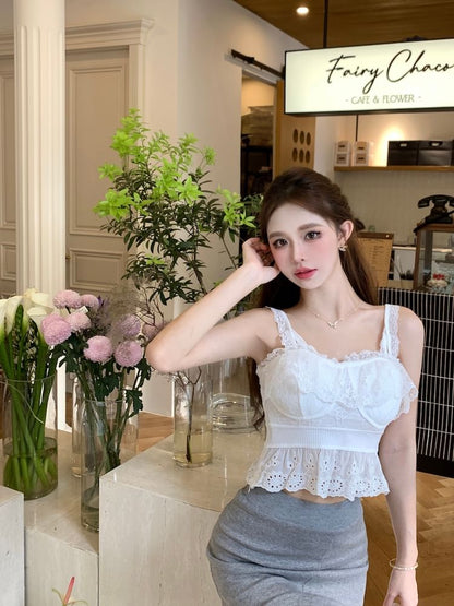 Plain Embroidered Eyelet Peplum Panel Lace Camisole Top