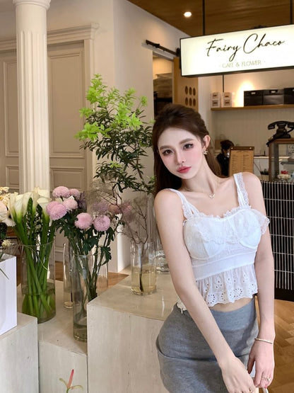 Plain Embroidered Eyelet Peplum Panel Lace Camisole Top