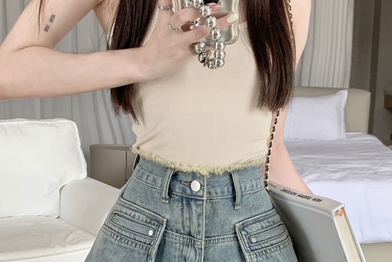 High Waist Washed Fray Mini Denim Shorts