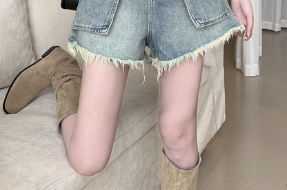 High Waist Washed Fray Mini Denim Shorts