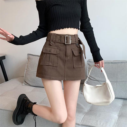 High Waist Plain Belted Mini Denim Cargo Skort