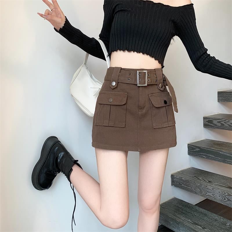 High Waist Plain Belted Mini Denim Cargo Skort