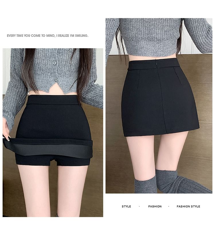 High Waist Plain Slit Mini Skort