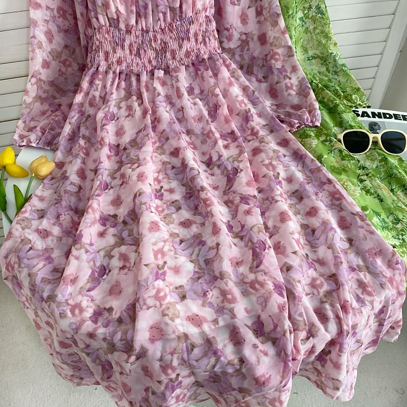 Long-Sleeve Scoop Neck Floral Maxi A-Line Dress