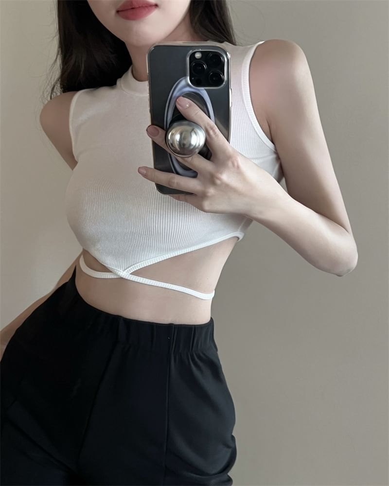 Crop Crew Plain Neck Back Tie Tank Criss Top Cross