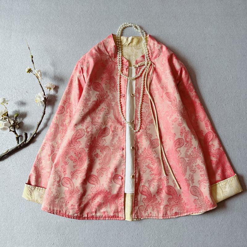 Traditional Chinese Stand Collar Paisley Jacquard Frog Buttoned Jacket