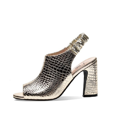 Leather Croc Heel Grain Chunky Faux Peep Toe Sandals