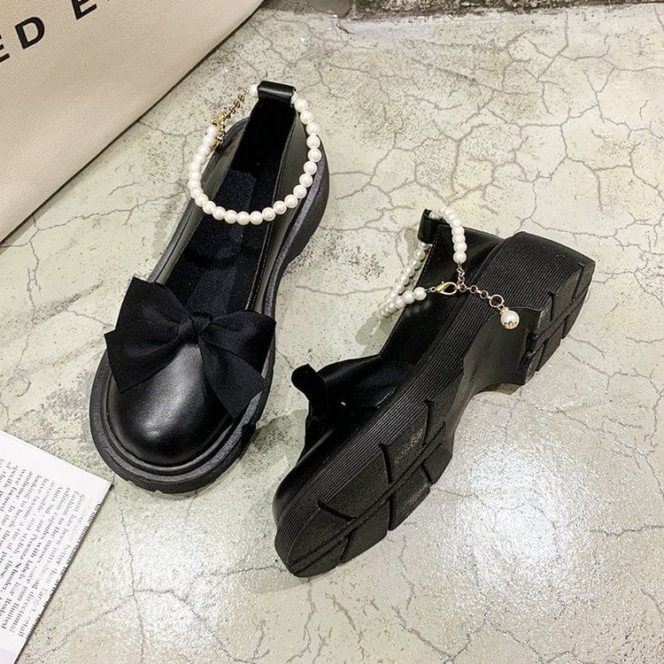 Ankle Loafers Platform Heel Chunky Strap Bow