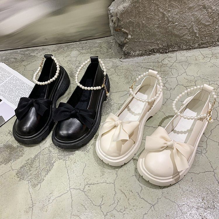 Ankle Loafers Platform Heel Chunky Strap Bow