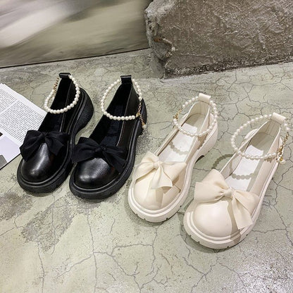 Ankle Loafers Platform Heel Chunky Strap Bow