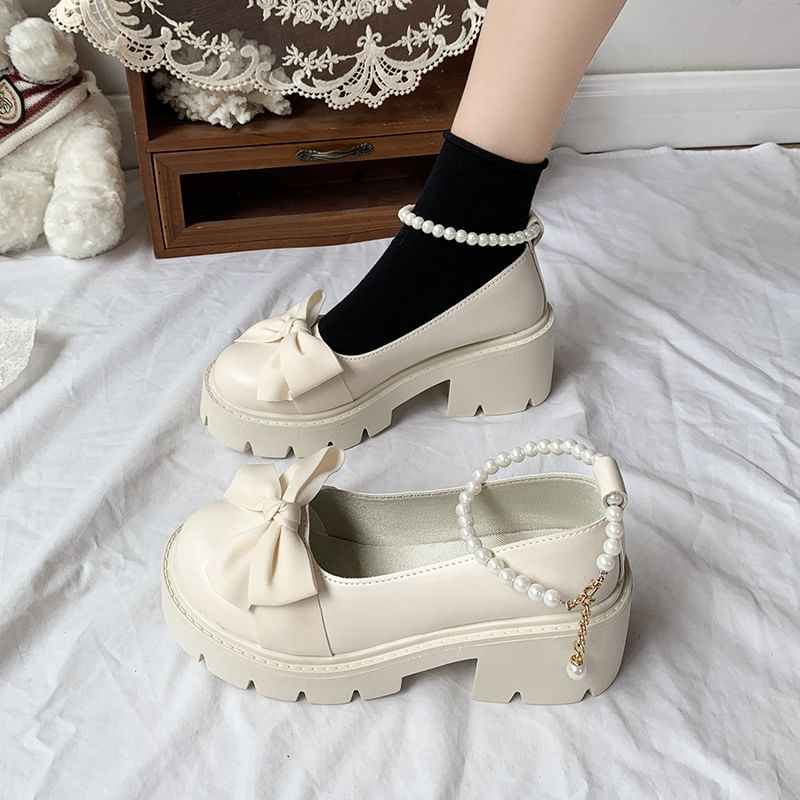 Heel Strap Platform Loafers Ankle Bow Chunky
