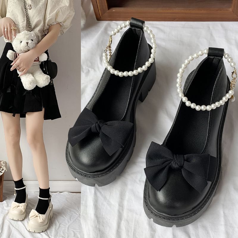 Heel Strap Platform Loafers Ankle Bow Chunky