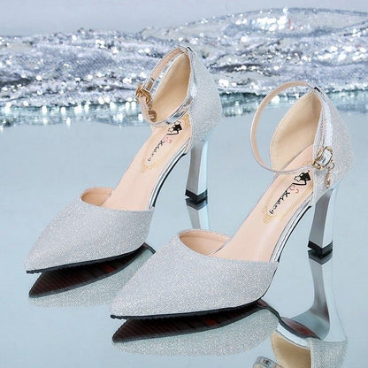 Glitter Sandals Heel Ankle Strap Pointed Chunky