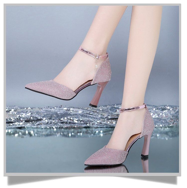 Glitter Sandals Heel Ankle Strap Pointed Chunky