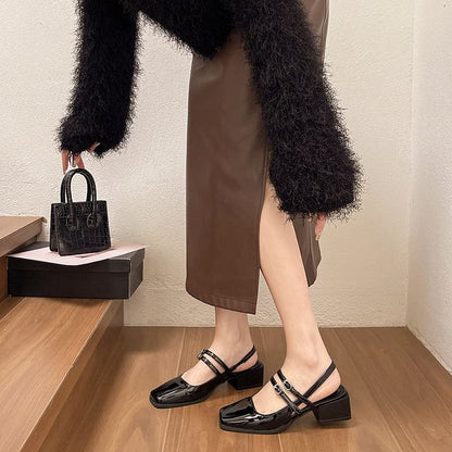 Square-Toe Heel Buckled Block Slingback Sandals