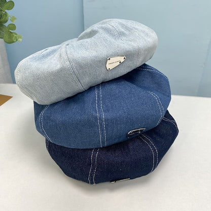 Metal Accent Washed Denim Beret