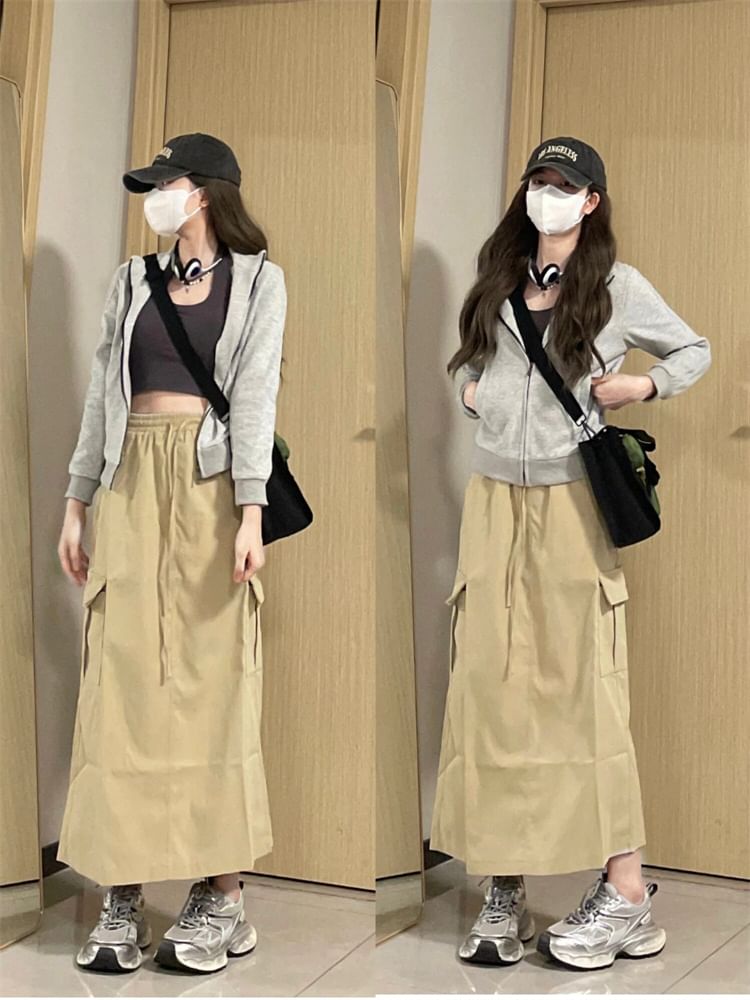 Stand Collar Plain Zip-Up Jacket / High Waist Maxi A-Line Cargo Skirt