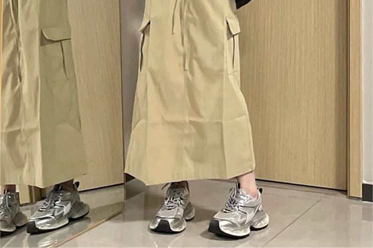 Stand Collar Plain Zip-Up Jacket / High Waist Maxi A-Line Cargo Skirt