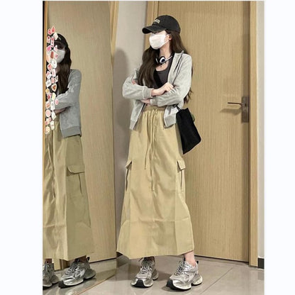 Stand Collar Plain Zip-Up Jacket / High Waist Maxi A-Line Cargo Skirt