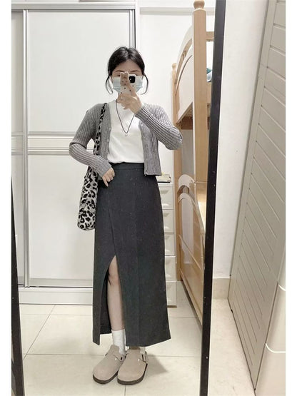 Short-Sleeve Crew Neck Plain T-Shirt / V-Neck Button-Up Crop Cardigan / High Waist Slit Maxi A-Line Skirt