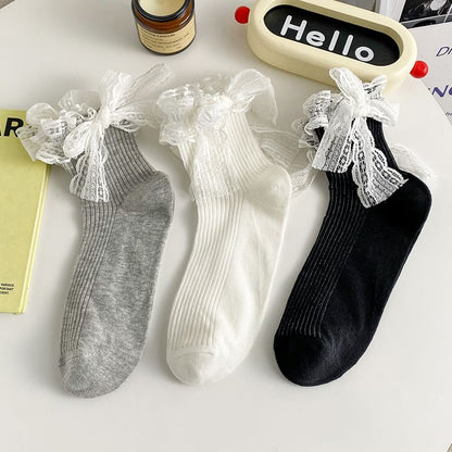 Plain Lace Ruffle Bow Socks / Set