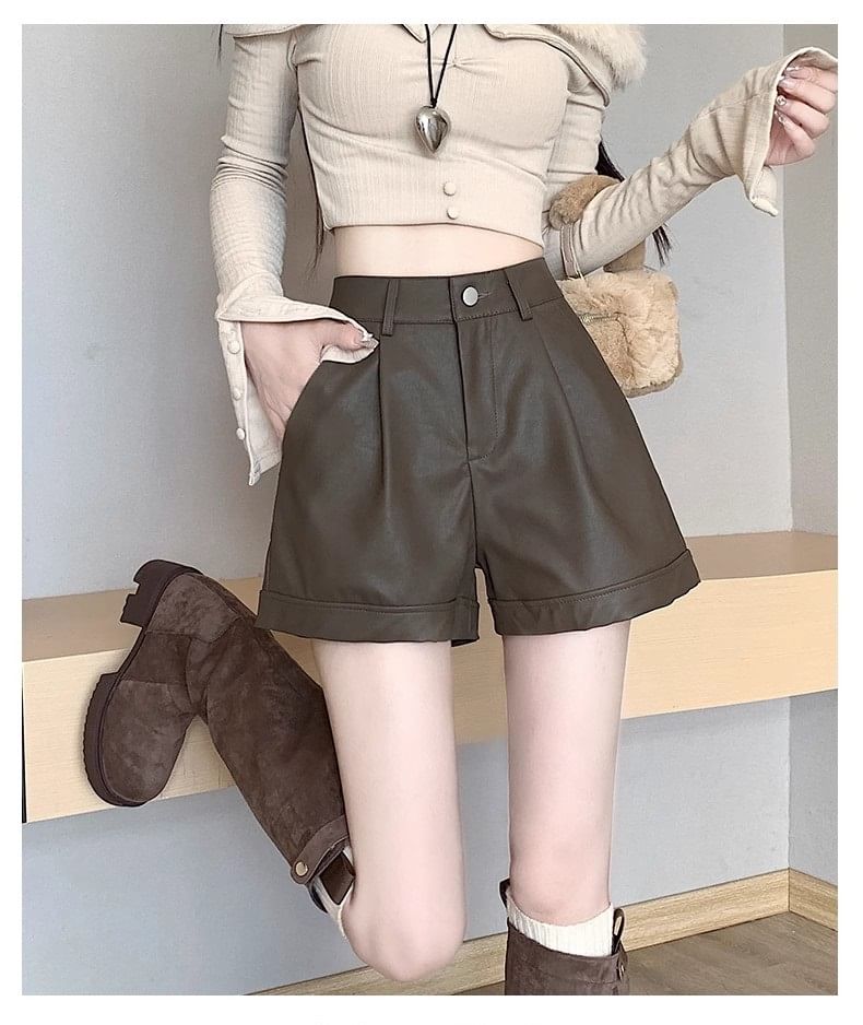 Waist High Faux Shorts Plain Leather