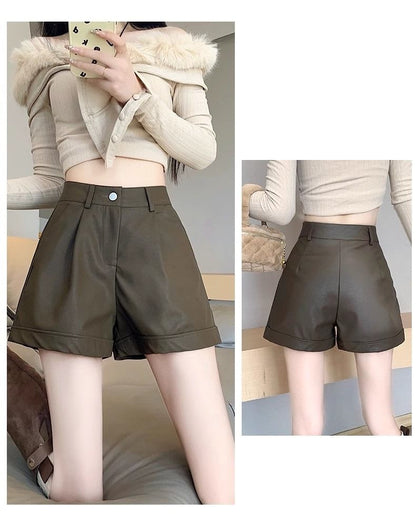 Waist High Faux Shorts Plain Leather