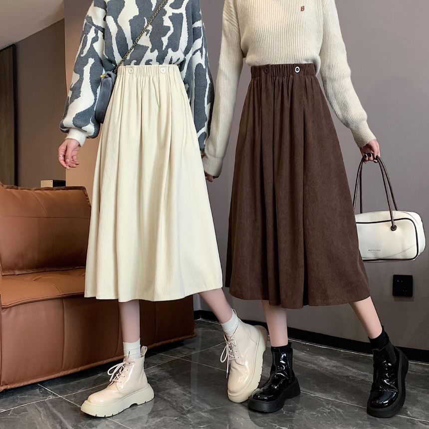 Waist Pocket Midi A-Line Skirt Elastic Plain