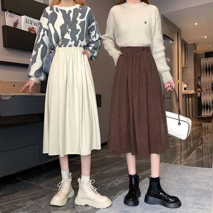 Waist Pocket Midi A-Line Skirt Elastic Plain