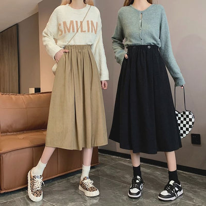 Waist Pocket Midi A-Line Skirt Elastic Plain