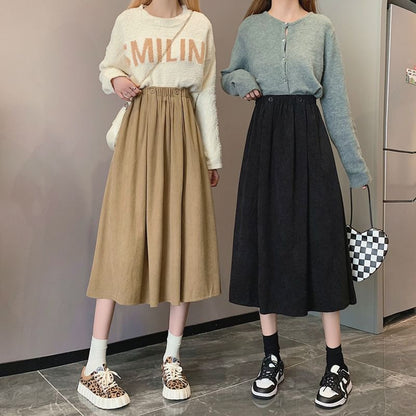 Waist Pocket Midi A-Line Skirt Elastic Plain