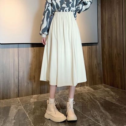 Waist Pocket Midi A-Line Skirt Elastic Plain