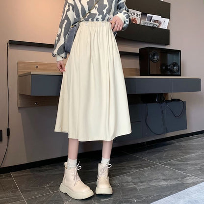 Waist Pocket Midi A-Line Skirt Elastic Plain