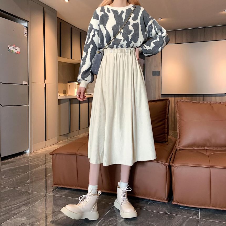 Waist Pocket Midi A-Line Skirt Elastic Plain