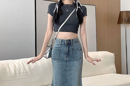 Skirt High Waist Midi Washed Denim Mermaid Fray