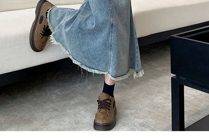 Skirt High Waist Midi Washed Denim Mermaid Fray