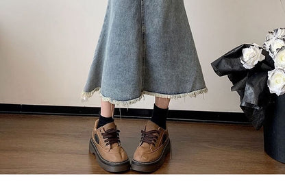 Skirt High Waist Midi Washed Denim Mermaid Fray