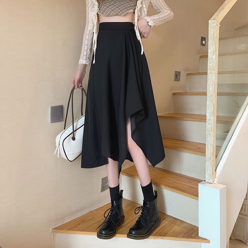 A-Line Plain Elastic Midi Skirt Asymmetrical Waist
