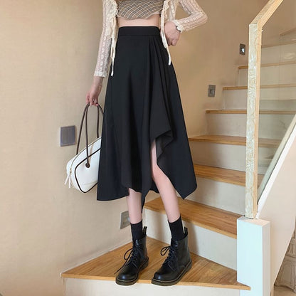 A-Line Plain Elastic Midi Skirt Asymmetrical Waist