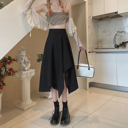 A-Line Plain Elastic Midi Skirt Asymmetrical Waist