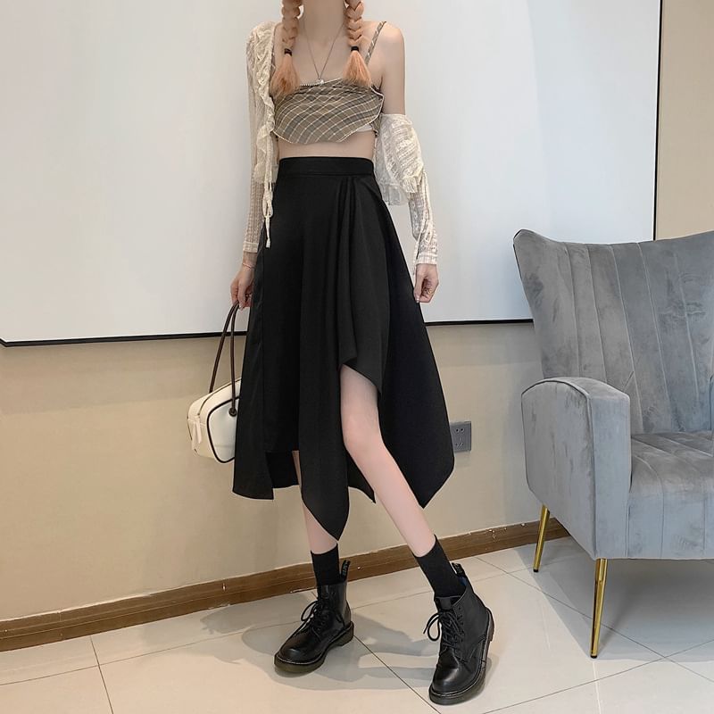 A-Line Plain Elastic Midi Skirt Asymmetrical Waist