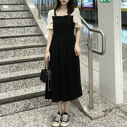 Mock A-Line Puff Midi V-Neck Dress Ruched Sleeve Two Piece