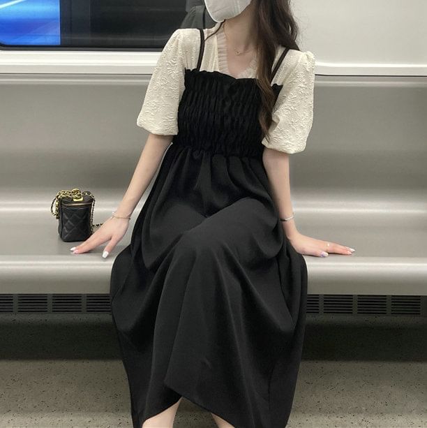 Mock A-Line Puff Midi V-Neck Dress Ruched Sleeve Two Piece