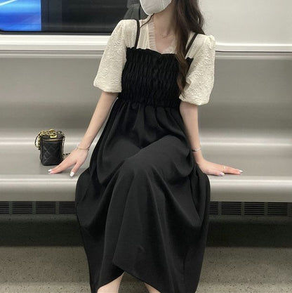 Mock A-Line Puff Midi V-Neck Dress Ruched Sleeve Two Piece