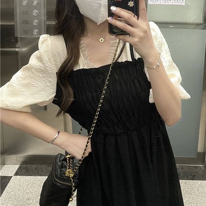 Mock A-Line Puff Midi V-Neck Dress Ruched Sleeve Two Piece